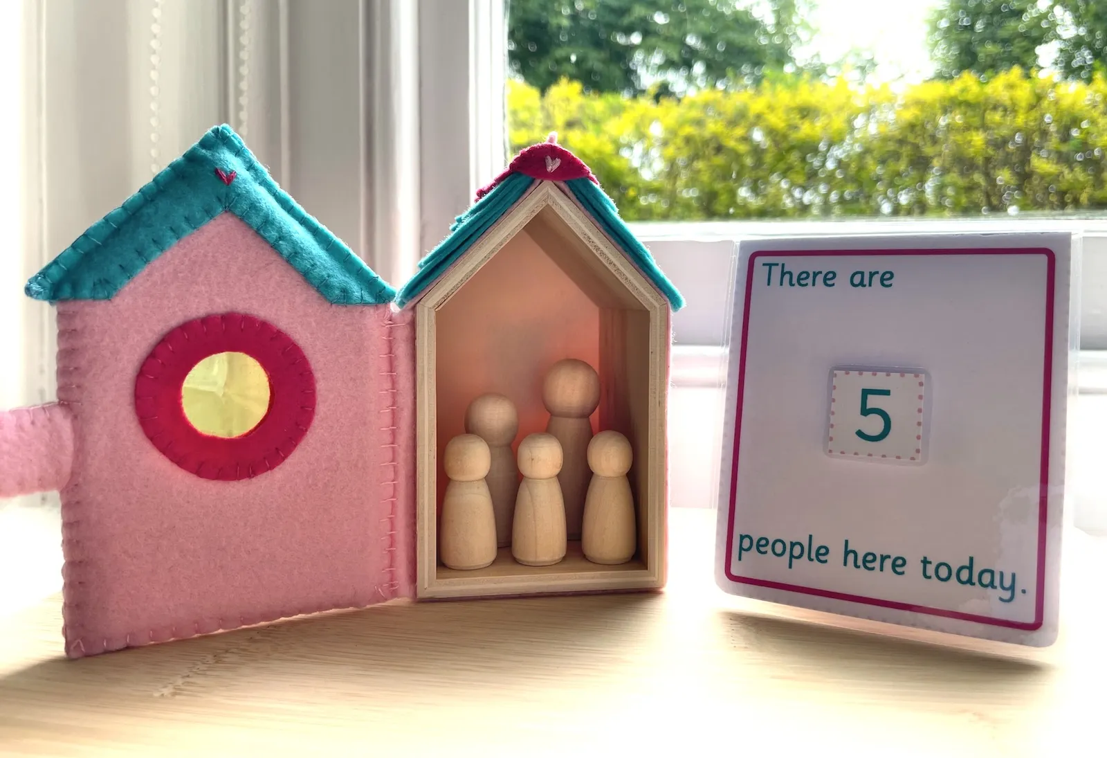 A hand sewn pink felt house with a 'There are 5 people here today' sign and five wooden people positioned inside the house with the front door wide open so they can be seen inside.