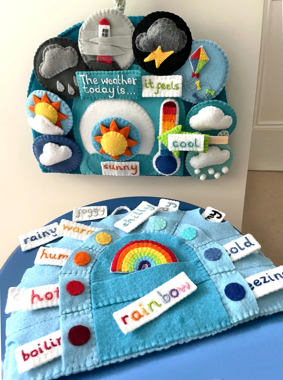 Hand sewn felt weather chart hanging inside